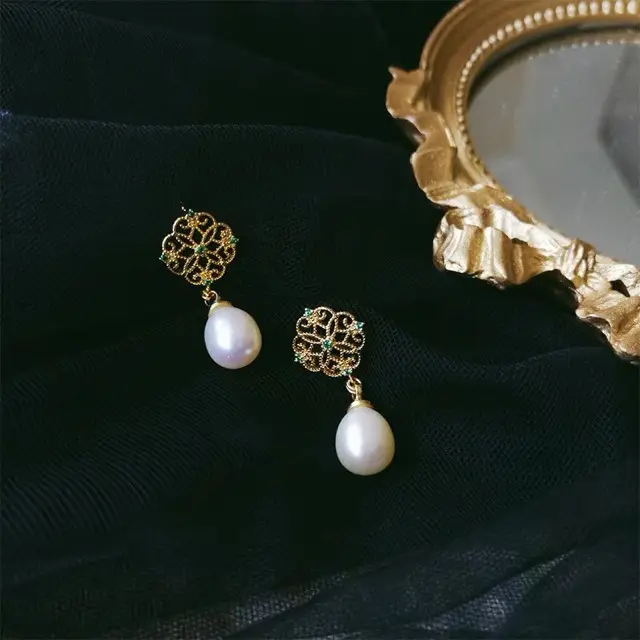 Vintage Pearl Earrings with Diamond Flower Drop - Image 3