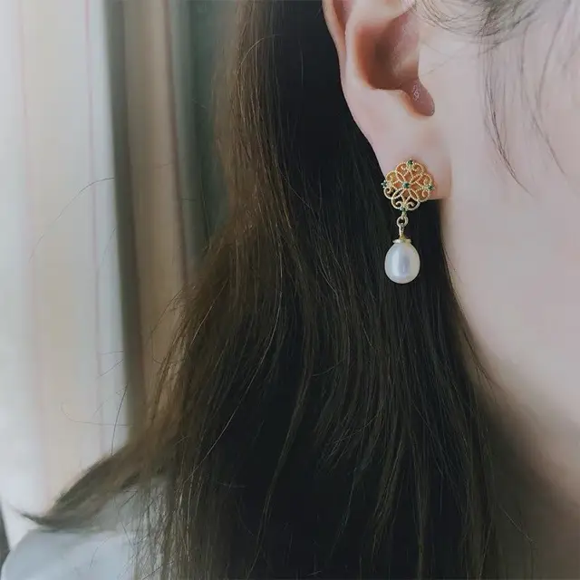 Vintage Pearl Earrings with Diamond Flower Drop - Image 4