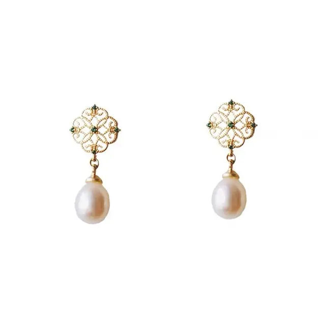 Vintage Pearl Earrings with Diamond Flower Drop - Image 5