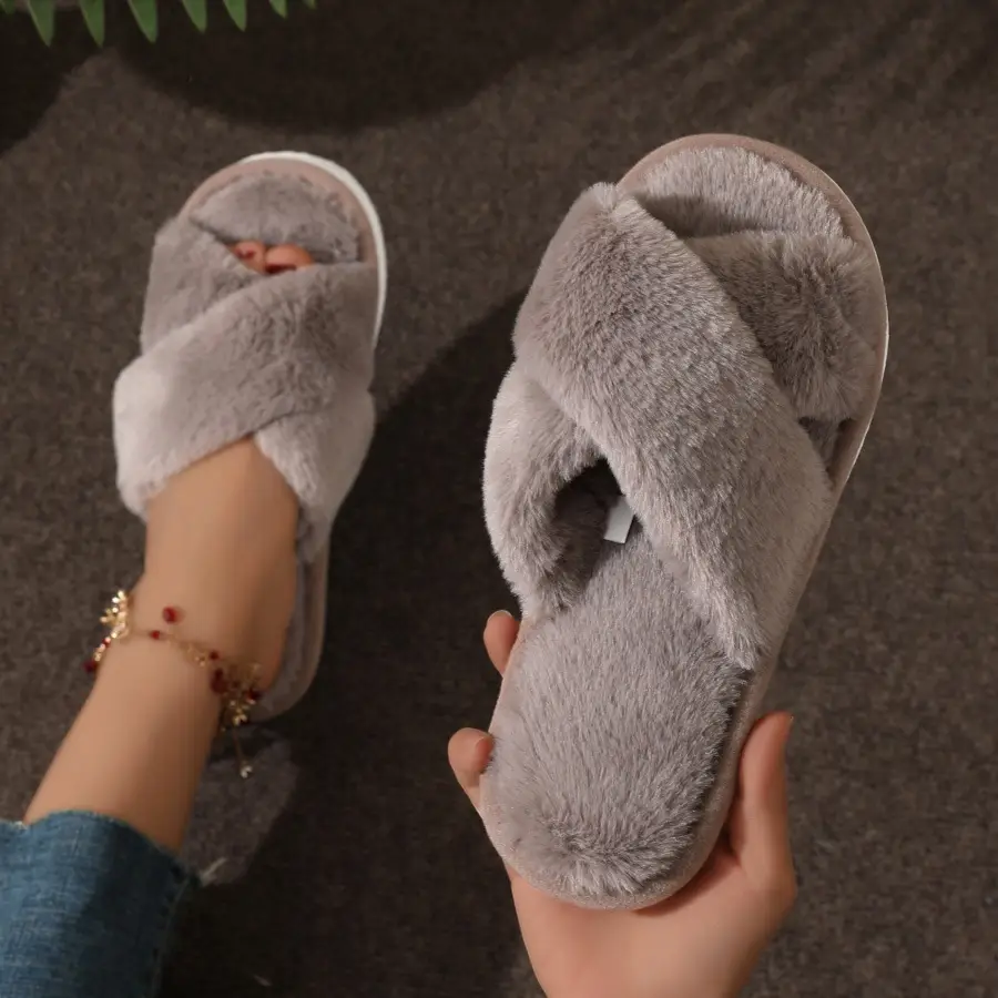 Cross-border TEMU SHEIN cross plush big explosions European and American Mao Mao cross with cotton slippers women Mao Mao cotton slippers - Image 15