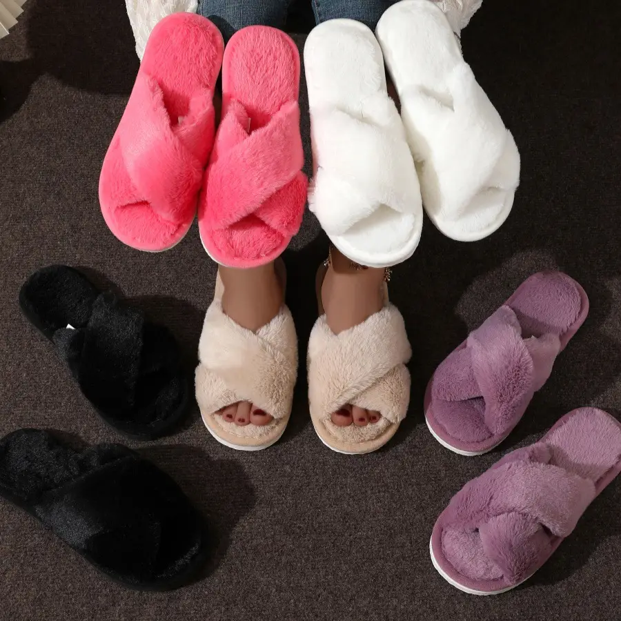 Cross-border TEMU SHEIN cross plush big explosions European and American Mao Mao cross with cotton slippers women Mao Mao cotton slippers — feature 2