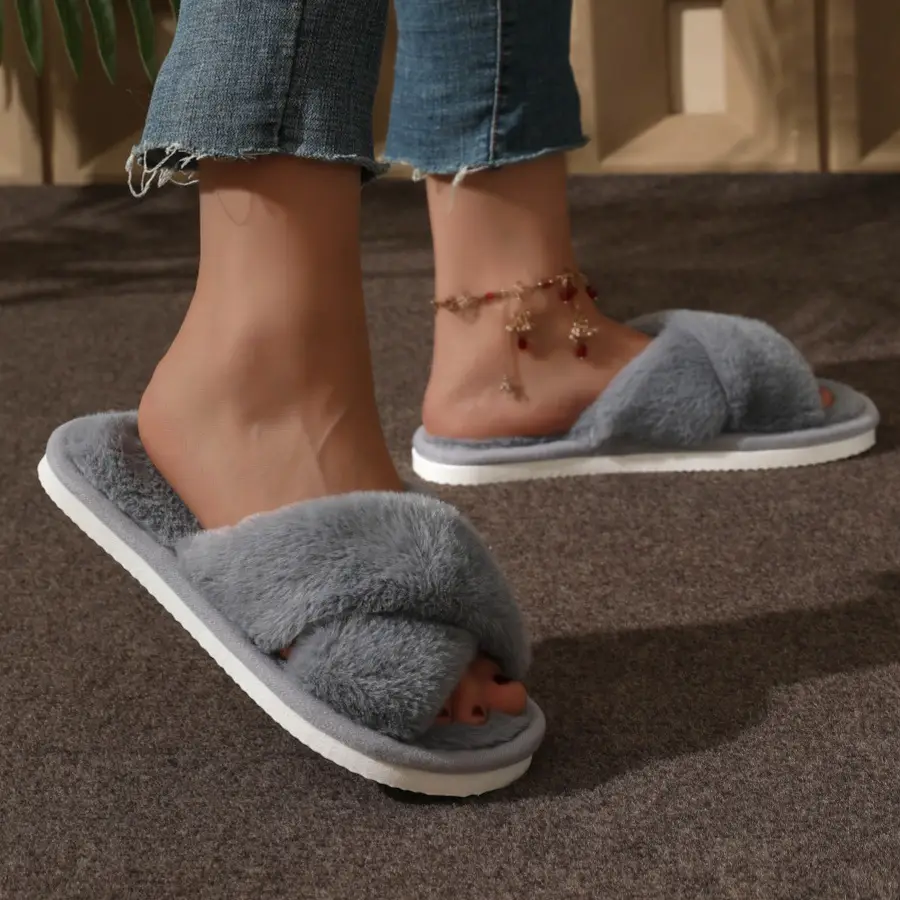 Cross-border TEMU SHEIN cross plush big explosions European and American Mao Mao cross with cotton slippers women Mao Mao cotton slippers — feature 8