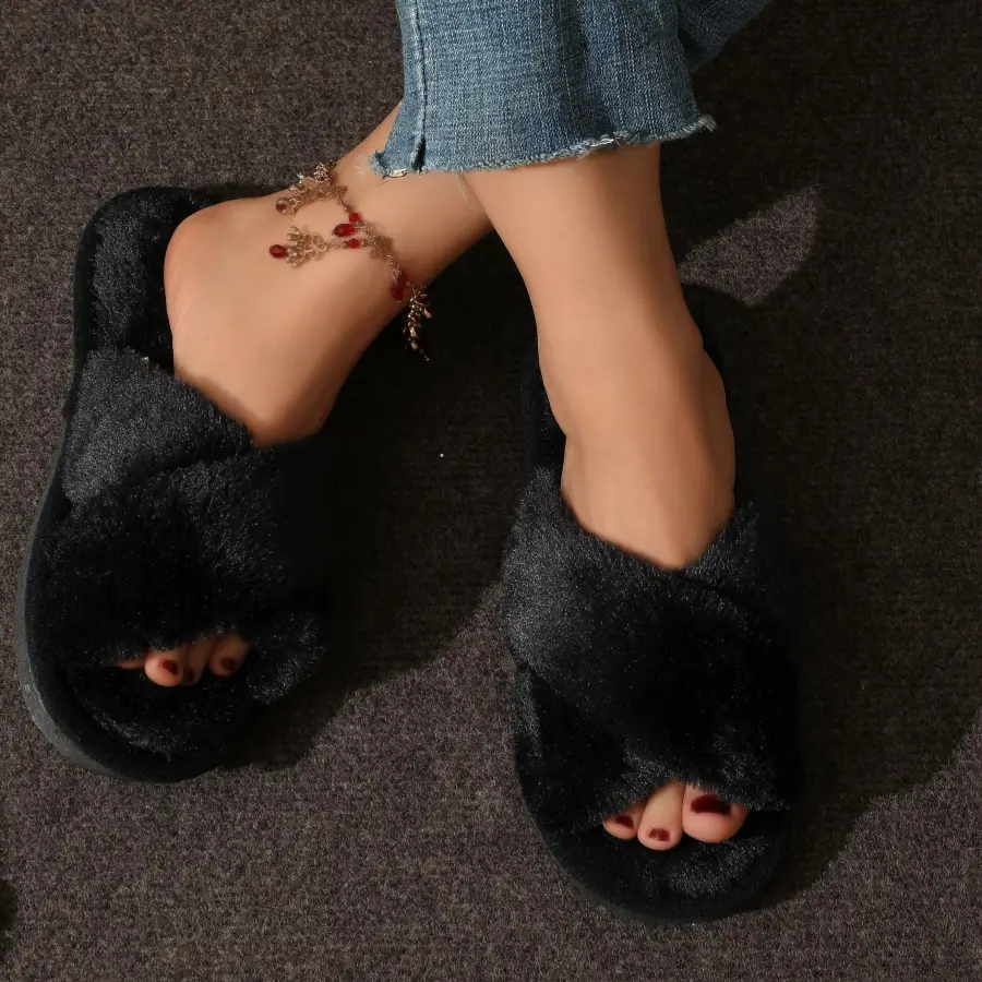 Cross-border TEMU SHEIN cross plush big explosions European and American Mao Mao cross with cotton slippers women Mao Mao cotton slippers - Image 3
