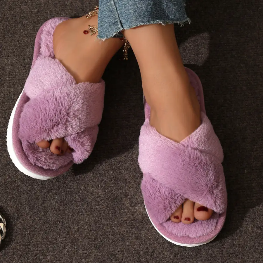 Cross-border TEMU SHEIN cross plush big explosions European and American Mao Mao cross with cotton slippers women Mao Mao cotton slippers - Image 12