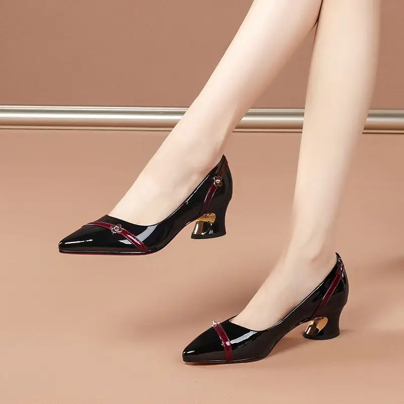 Soft leather single-layer shoes Women's Mid Heel chunky heel versatile 2024 spring and summer new soft bottom professional shallow mouth comfortable pointed women's shoes - Image 5