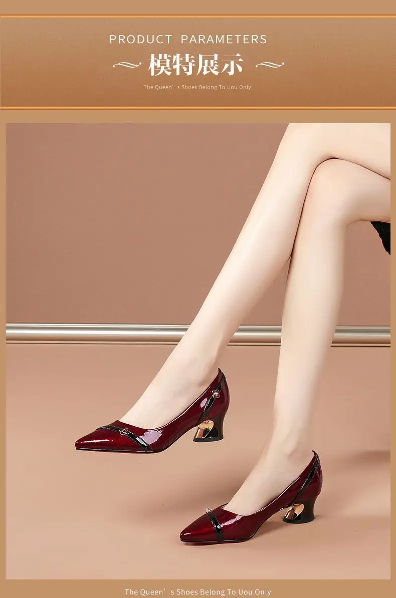 Soft leather single-layer shoes Women's Mid Heel chunky heel versatile 2024 spring and summer new soft bottom professional shallow mouth comfortable pointed women's shoes — feature 4