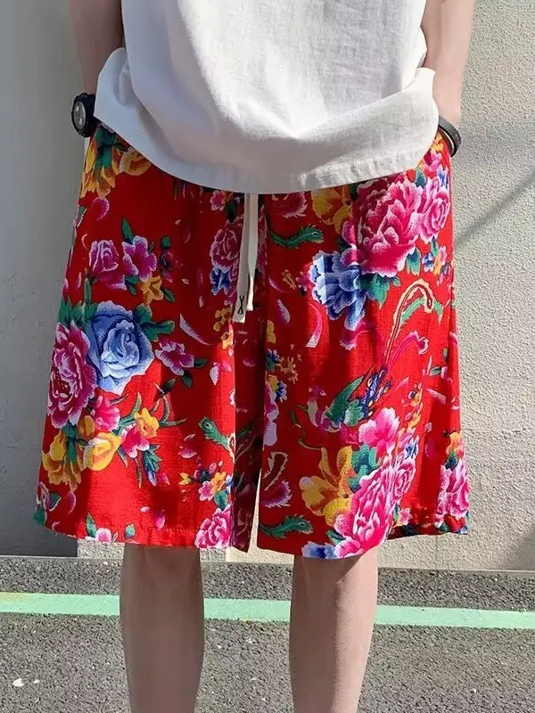 Northeast Style Red Floral Wide Leg Shorts for Men Women - Image 4