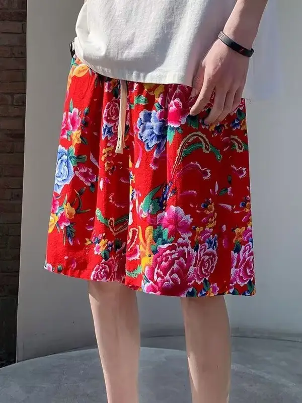 Northeast Style Red Floral Wide Leg Shorts for Men Women - Image 5