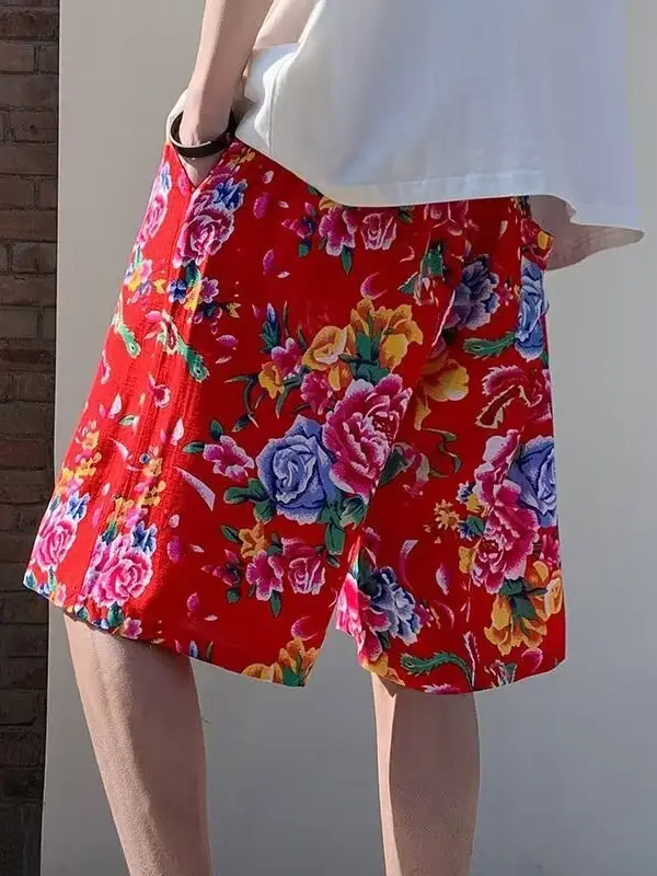 Northeast Style Red Floral Wide Leg Shorts for Men Women - Image 6