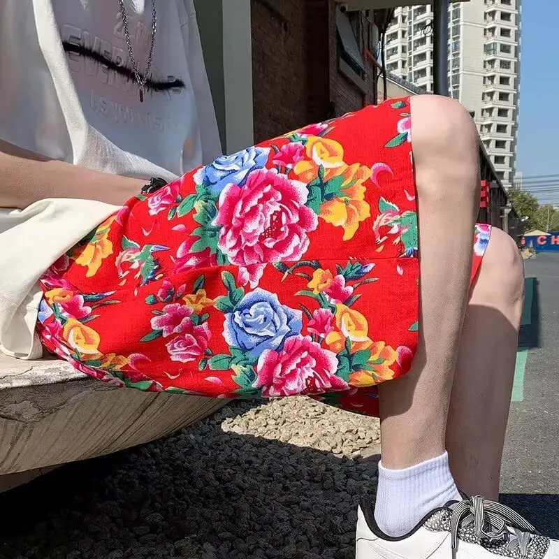 Northeast Style Red Floral Wide Leg Shorts for Men Women — feature 10