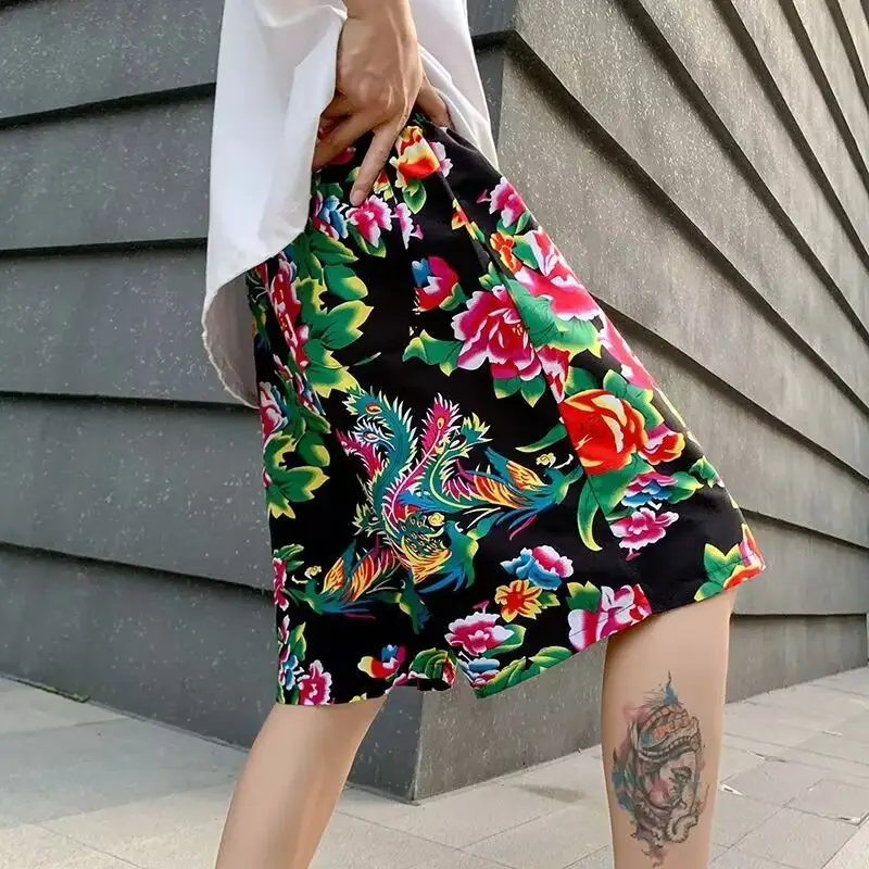 Northeast Style Red Floral Wide Leg Shorts for Men Women — feature 11