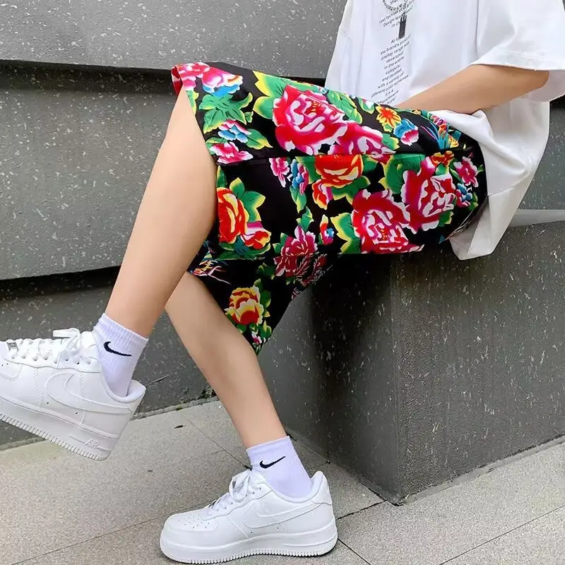 Northeast Style Red Floral Wide Leg Shorts for Men Women — feature 12