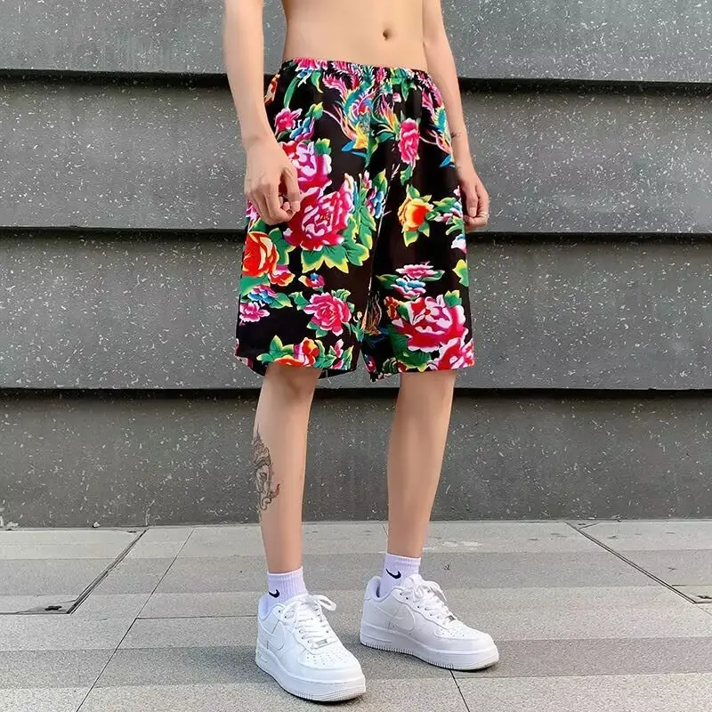 Northeast Style Red Floral Wide Leg Shorts for Men Women — feature 14