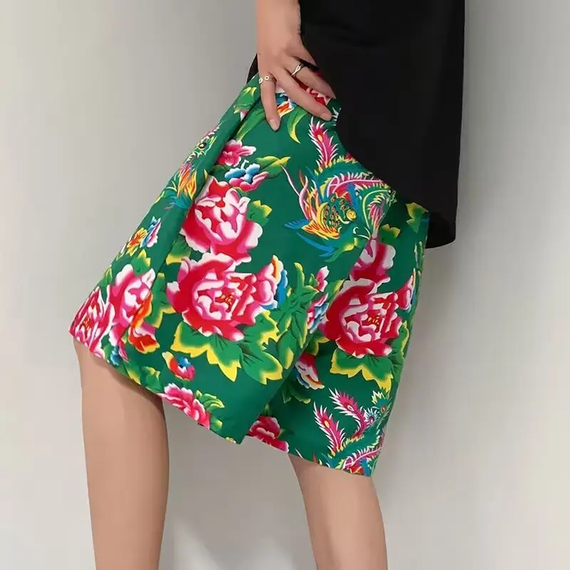 Northeast Style Red Floral Wide Leg Shorts for Men Women — feature 15