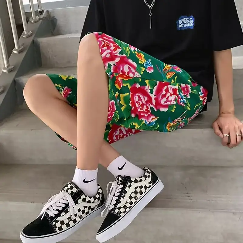 Northeast Style Red Floral Wide Leg Shorts for Men Women — feature 17