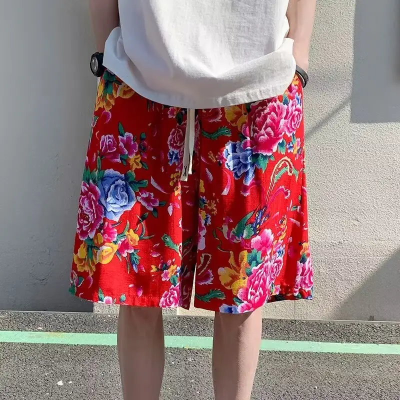 Northeast Style Red Floral Wide Leg Shorts for Men Women — feature 4