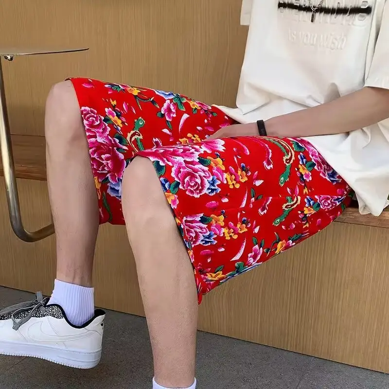 Northeast Style Red Floral Wide Leg Shorts for Men Women — feature 5