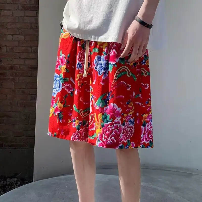 Northeast Style Red Floral Wide Leg Shorts for Men Women — feature 6