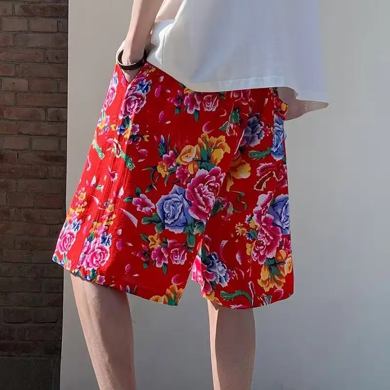 Northeast Style Red Floral Wide Leg Shorts for Men Women — feature 7