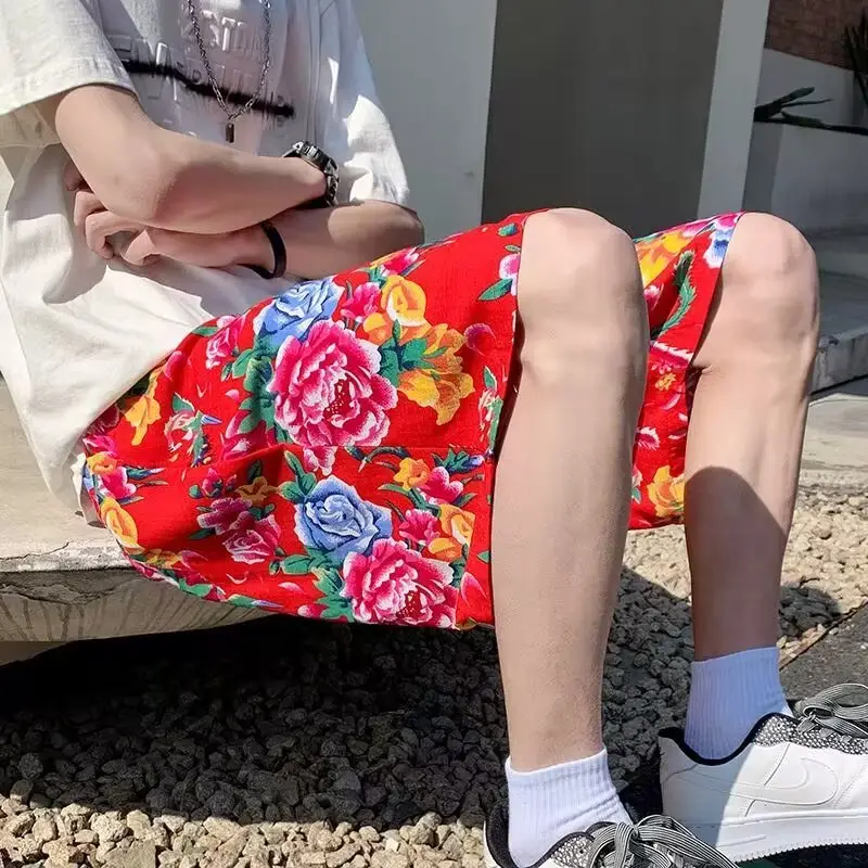 Northeast Style Red Floral Wide Leg Shorts for Men Women — feature 8
