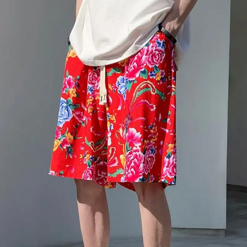 Northeast Style Red Floral Wide Leg Shorts for Men Women — feature 9