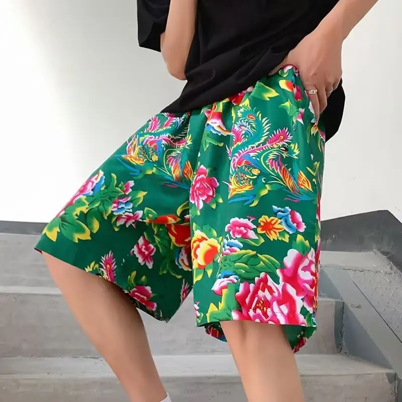 Northeast Style Red Floral Wide Leg Shorts for Men Women - Image 3