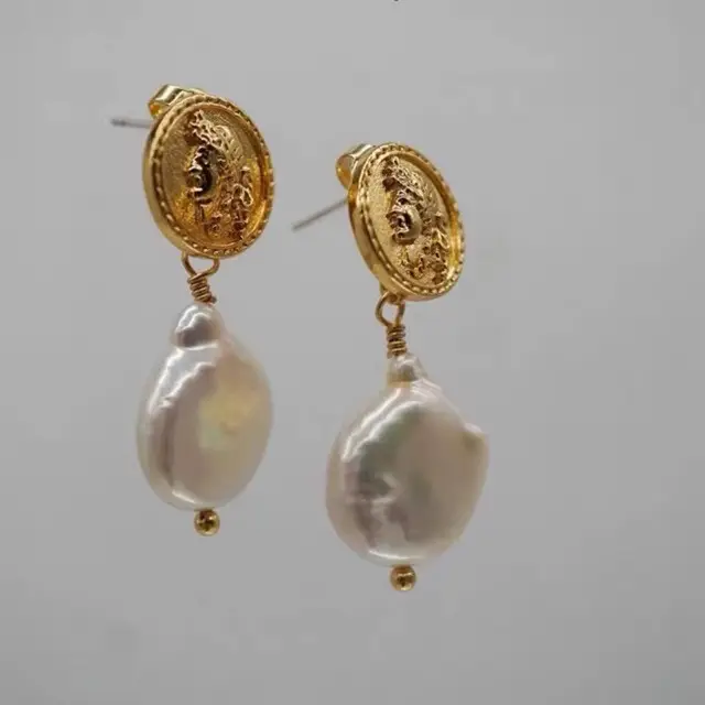 Gold Coin Goddess Earrings Pearl Baroque Design - Image 3
