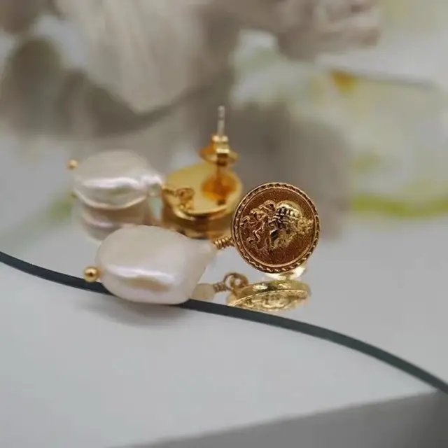 Gold Coin Goddess Earrings Pearl Baroque Design - Image 4