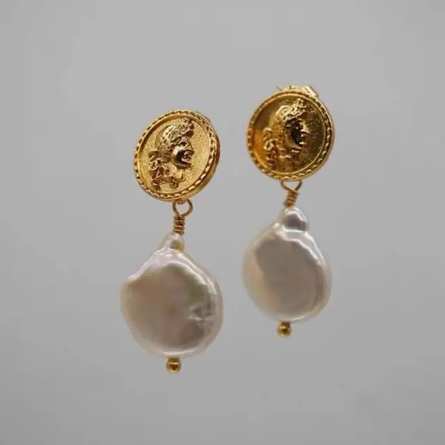 Gold Coin Goddess Earrings Pearl Baroque Design - Image 5
