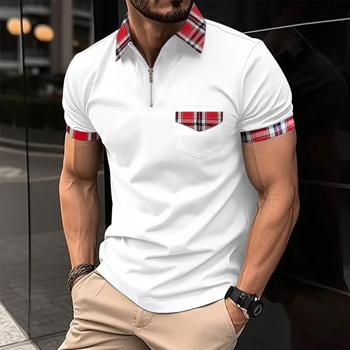 Men's Light Blue Plaid Polo Shirt with Zipper Pocket - Image 11