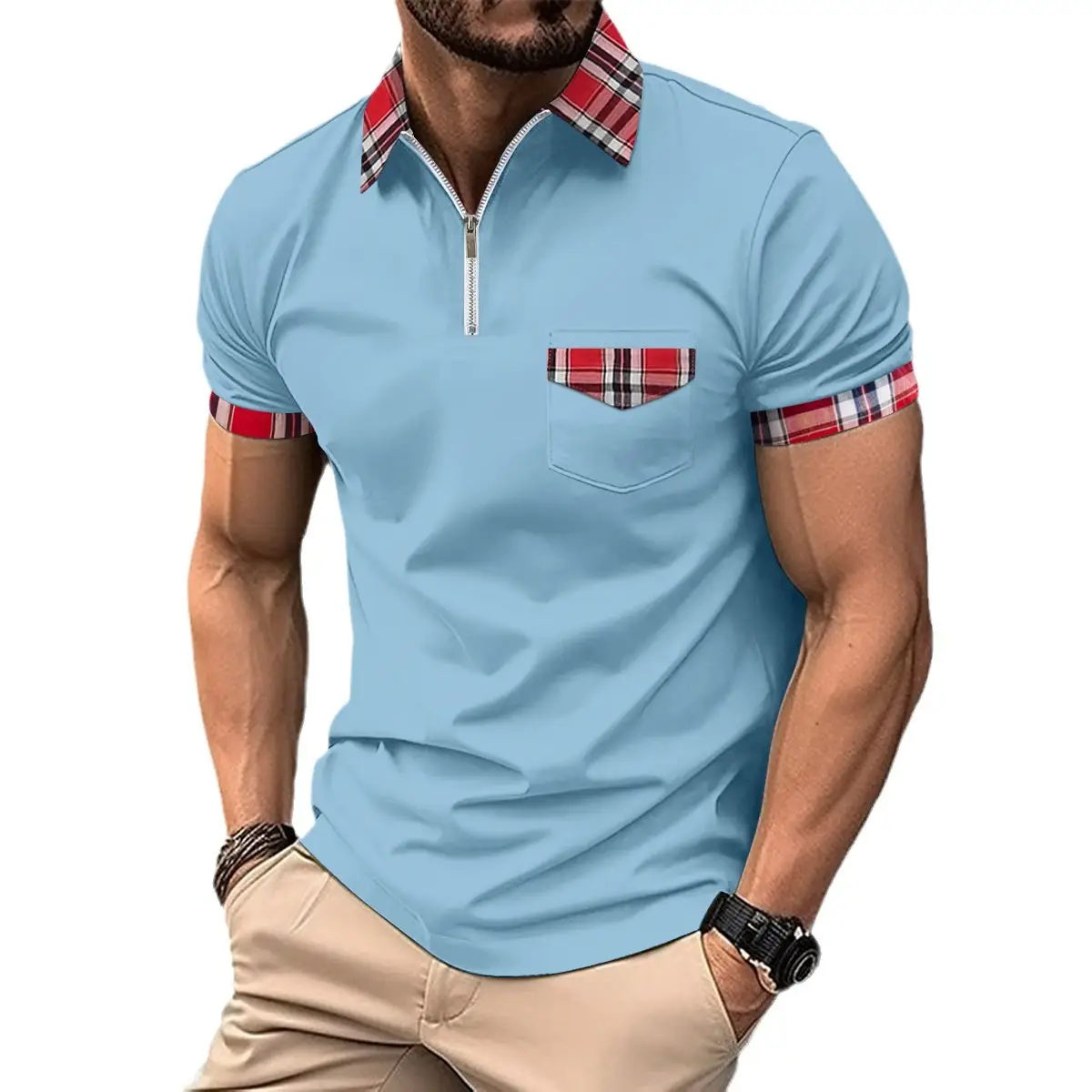Men's Light Blue Plaid Polo Shirt with Zipper Pocket - Image 13