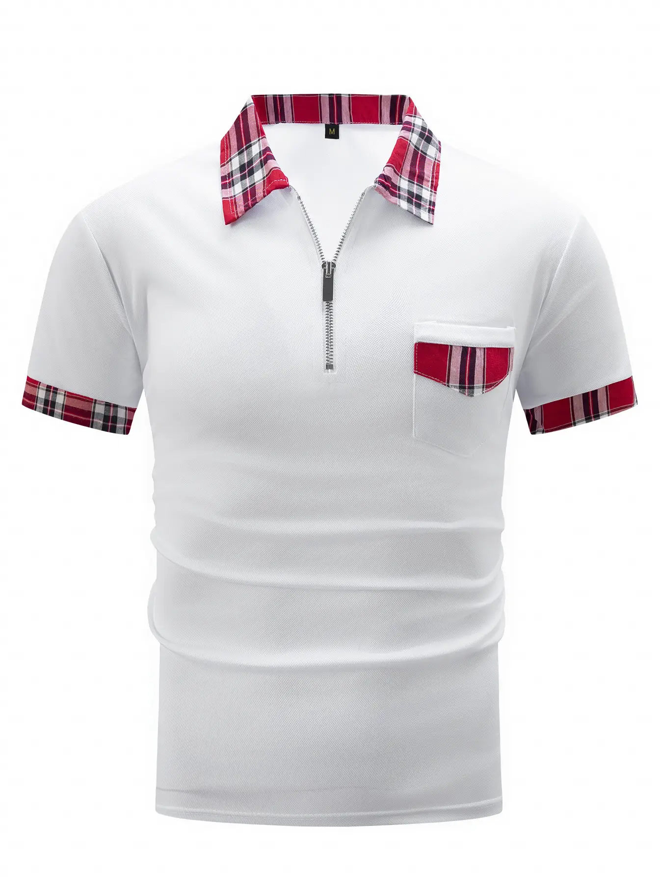 Men's Light Blue Plaid Polo Shirt with Zipper Pocket — feature 10