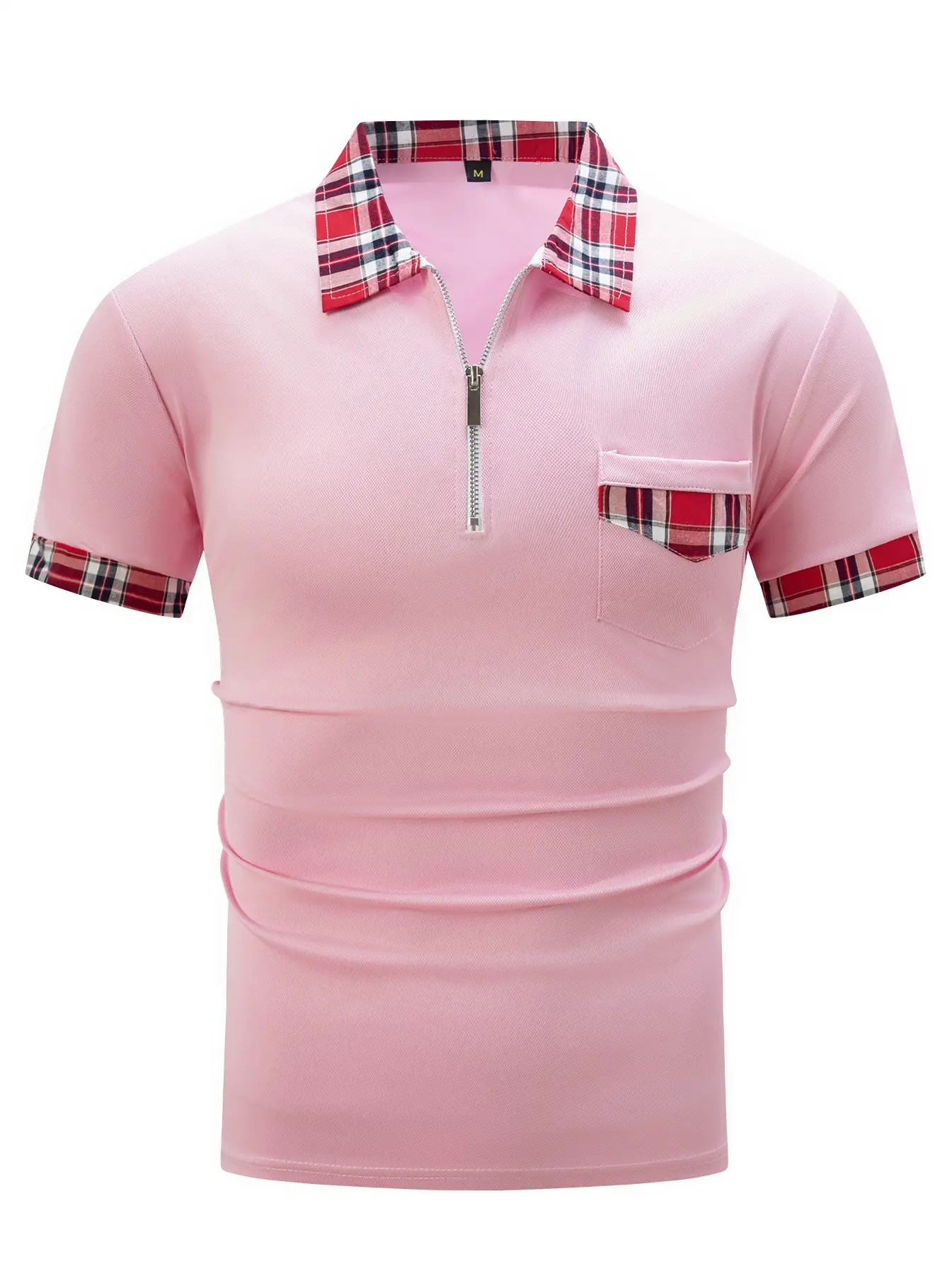 Men's Light Blue Plaid Polo Shirt with Zipper Pocket — feature 18