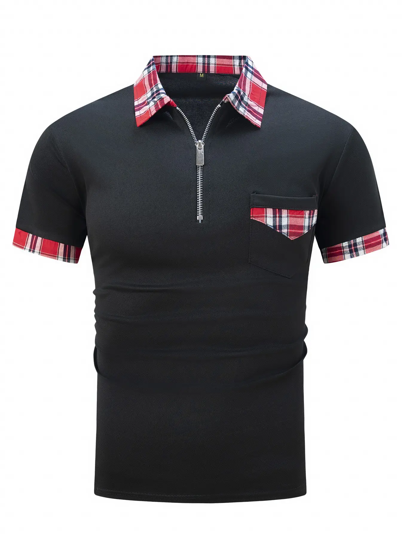 Men's Light Blue Plaid Polo Shirt with Zipper Pocket — feature 20