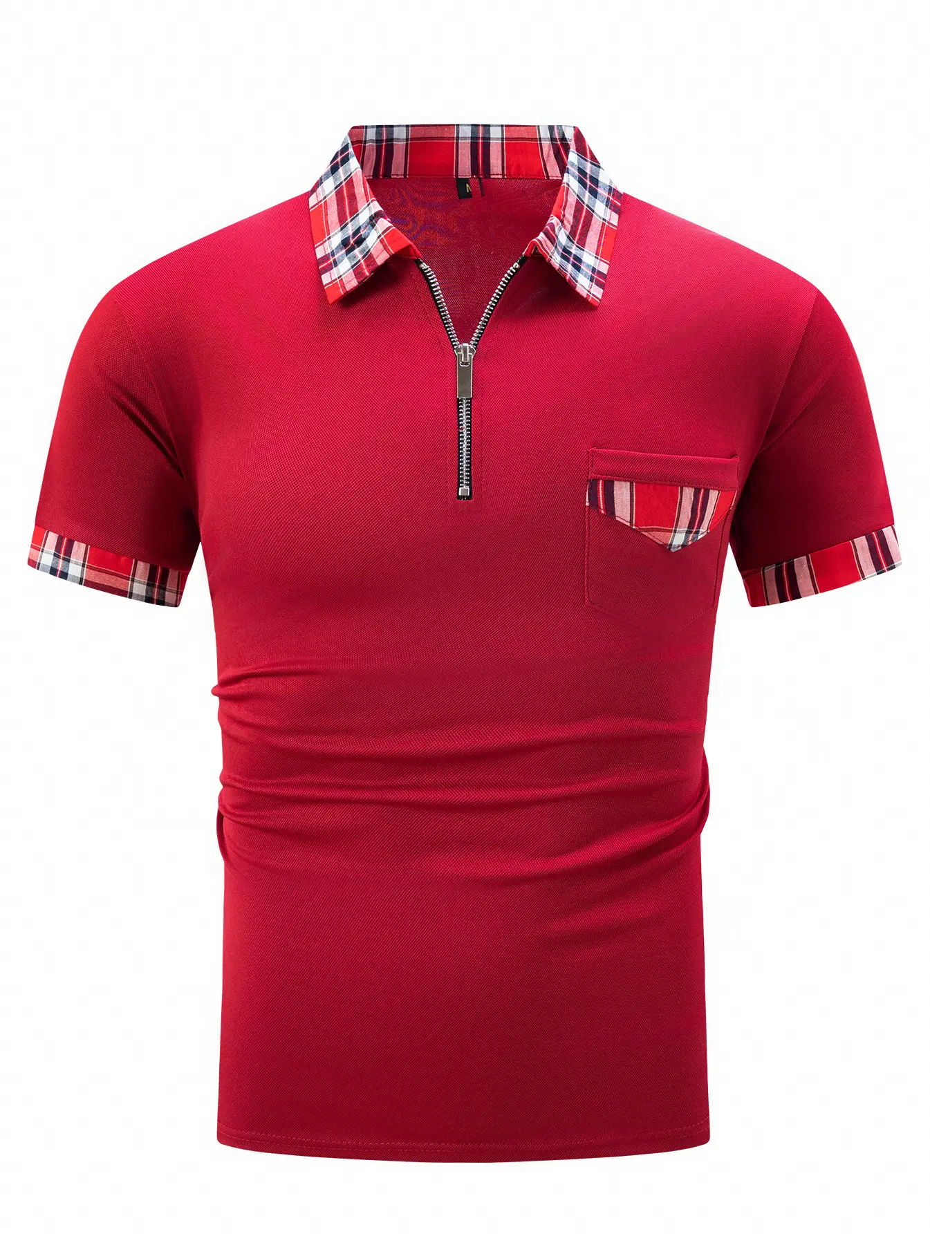 Men's Light Blue Plaid Polo Shirt with Zipper Pocket — feature 21