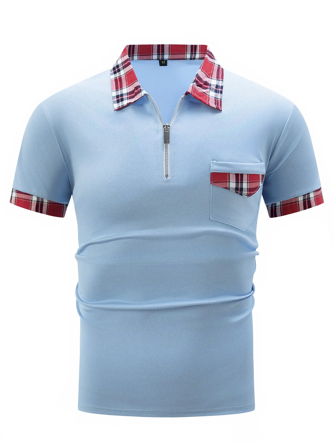 Men's Light Blue Plaid Polo Shirt with Zipper Pocket — feature 22