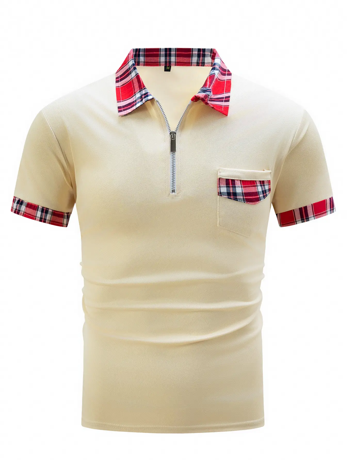 Men's Light Blue Plaid Polo Shirt with Zipper Pocket — feature 23