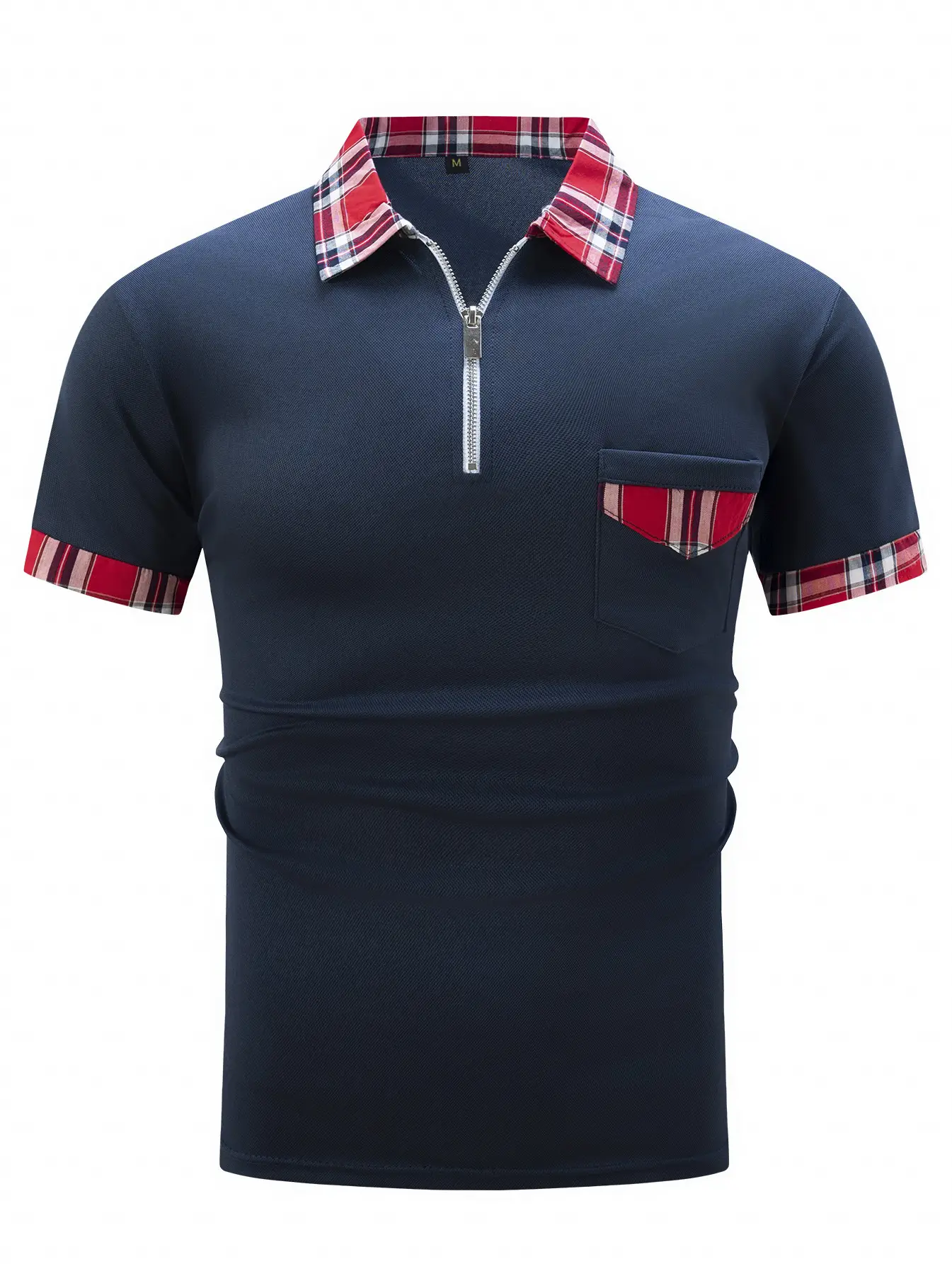 Men's Light Blue Plaid Polo Shirt with Zipper Pocket — feature 24