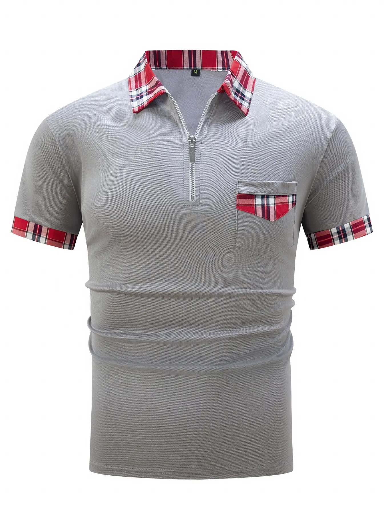 Men's Light Blue Plaid Polo Shirt with Zipper Pocket — feature 25