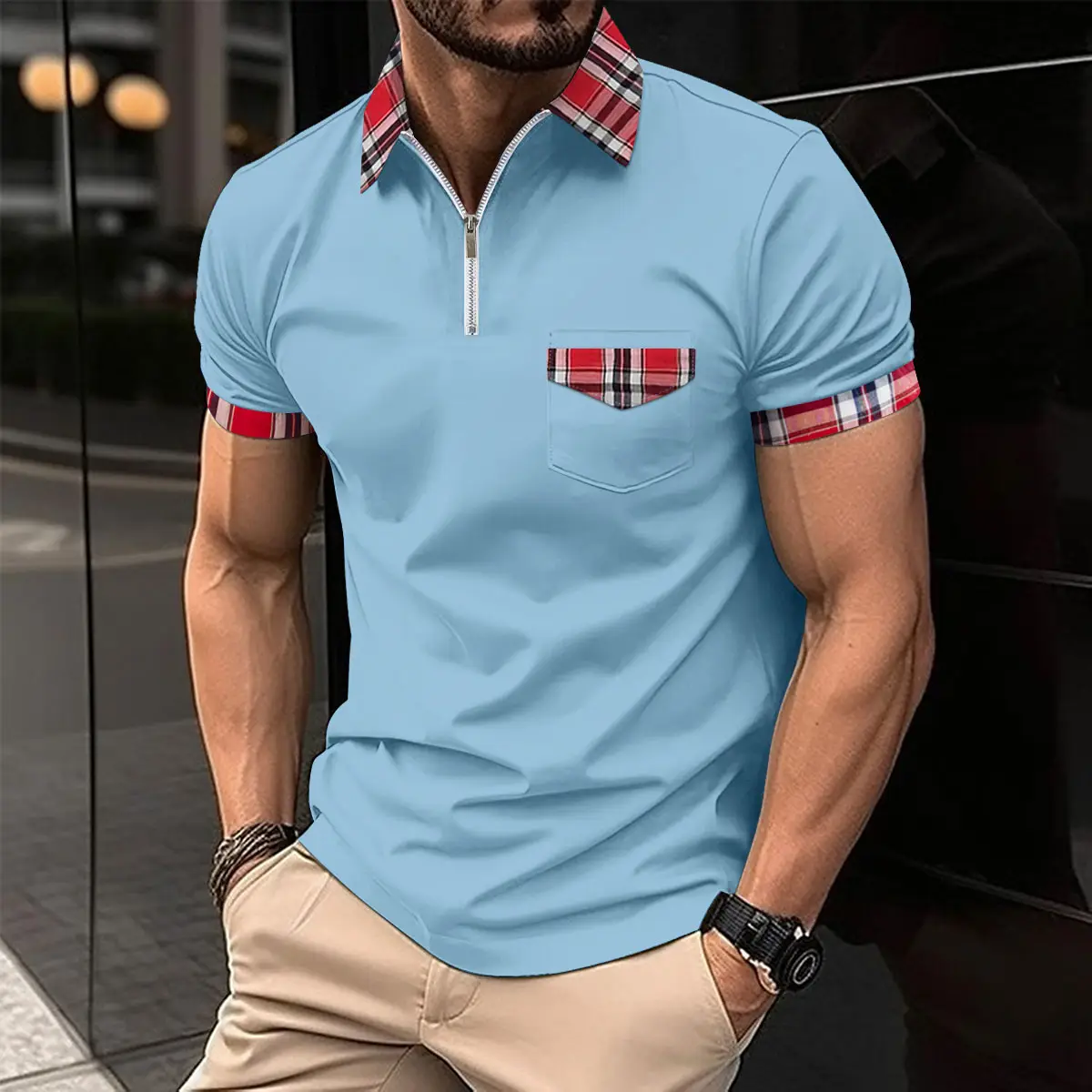 Men's Light Blue Plaid Polo Shirt with Zipper Pocket - Image 2