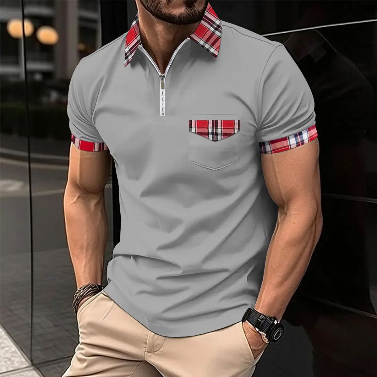 Men's Light Blue Plaid Polo Shirt with Zipper Pocket - Image 3