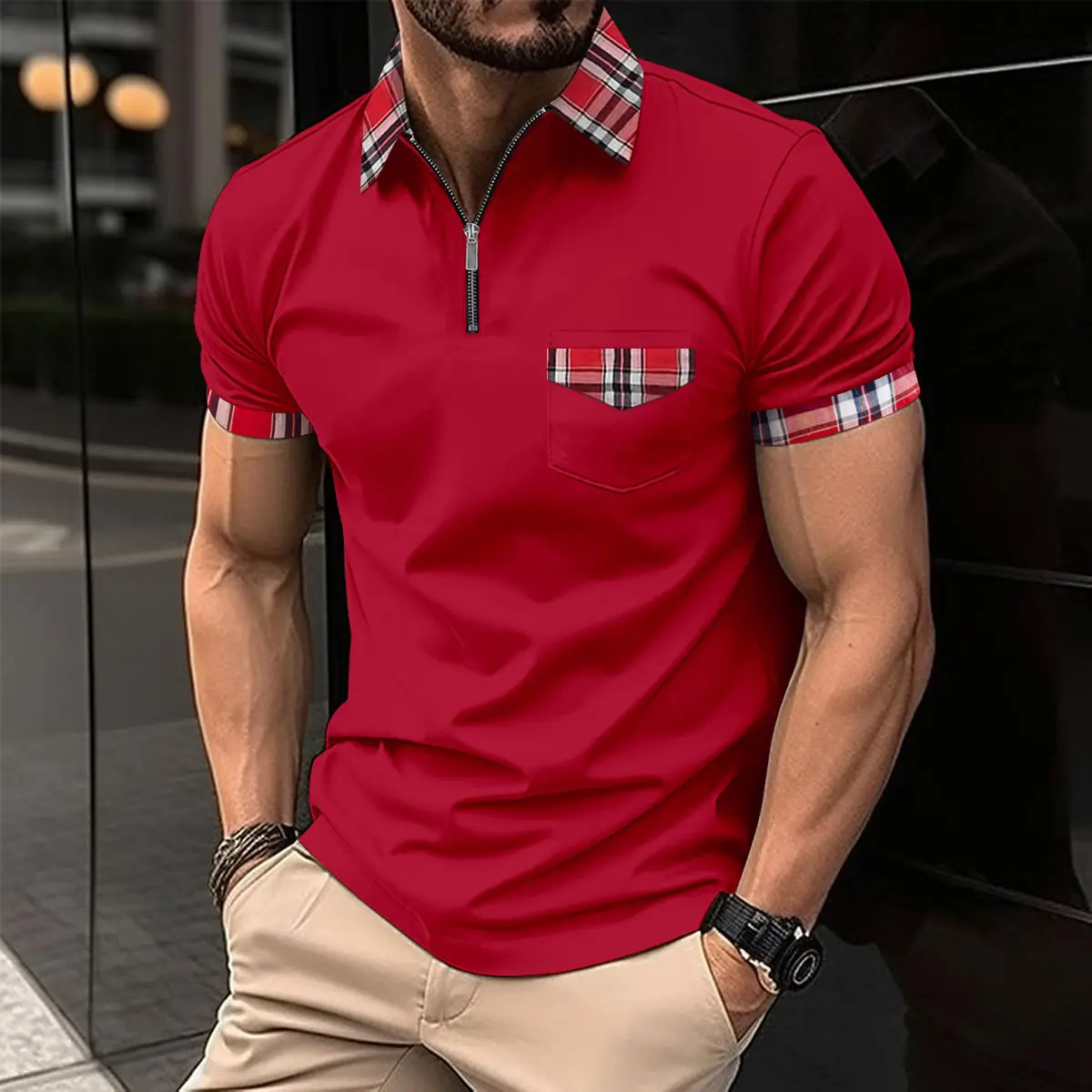 Men's Light Blue Plaid Polo Shirt with Zipper Pocket - Image 4