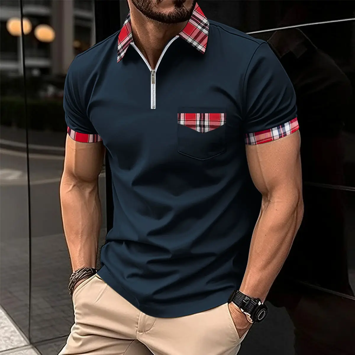 Men's Light Blue Plaid Polo Shirt with Zipper Pocket - Image 5