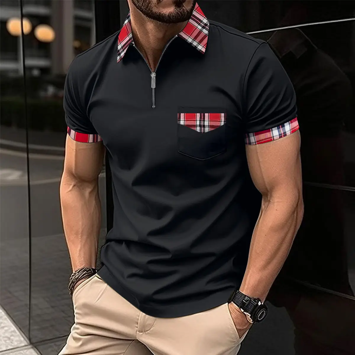 Men's Light Blue Plaid Polo Shirt with Zipper Pocket - Image 7