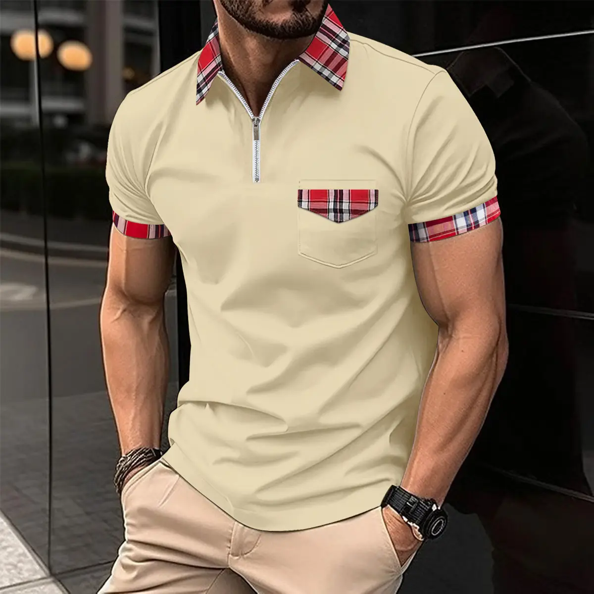 Men's Light Blue Plaid Polo Shirt with Zipper Pocket - Image 8