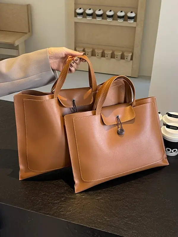 Women's 2-Piece Leather Tote Bag Set Tan Retro Fashion - Image 9