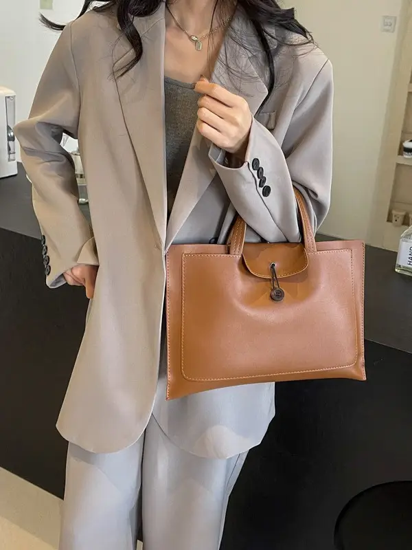Women's 2-Piece Leather Tote Bag Set Tan Retro Fashion - Image 12