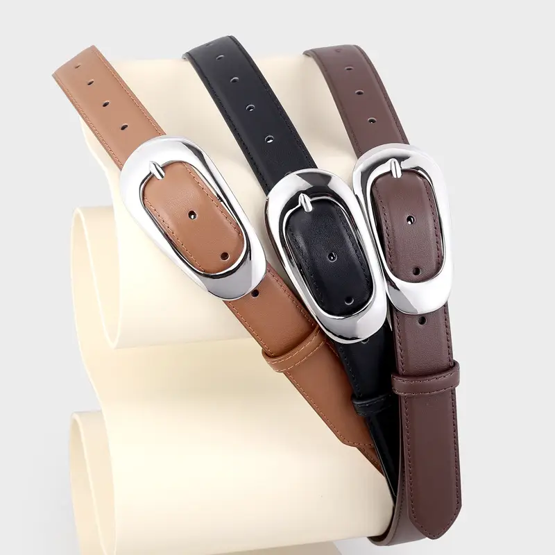 Women's Brown Leather Belt with Silver Buckle - Image 5
