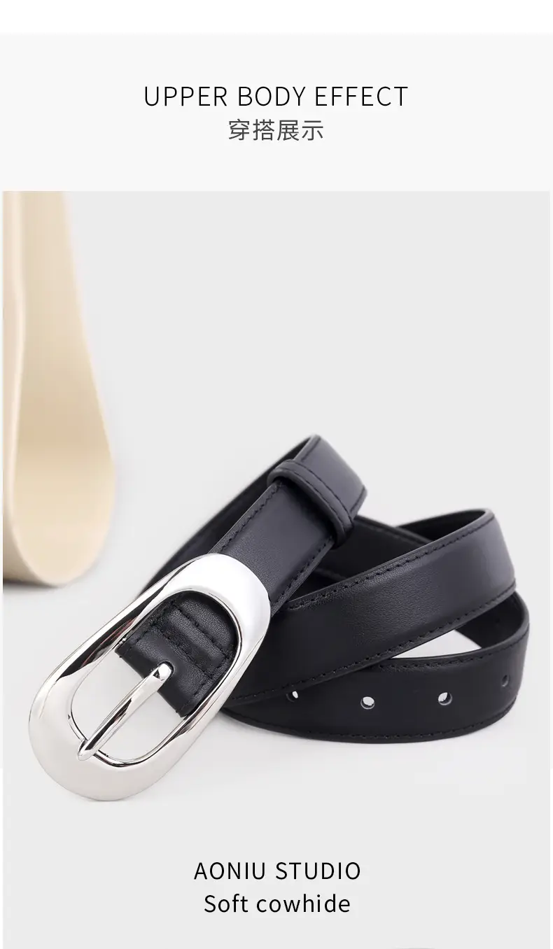 Women's Brown Leather Belt with Silver Buckle — feature 11