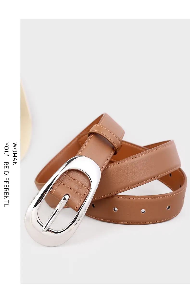 Women's Brown Leather Belt with Silver Buckle — feature 12